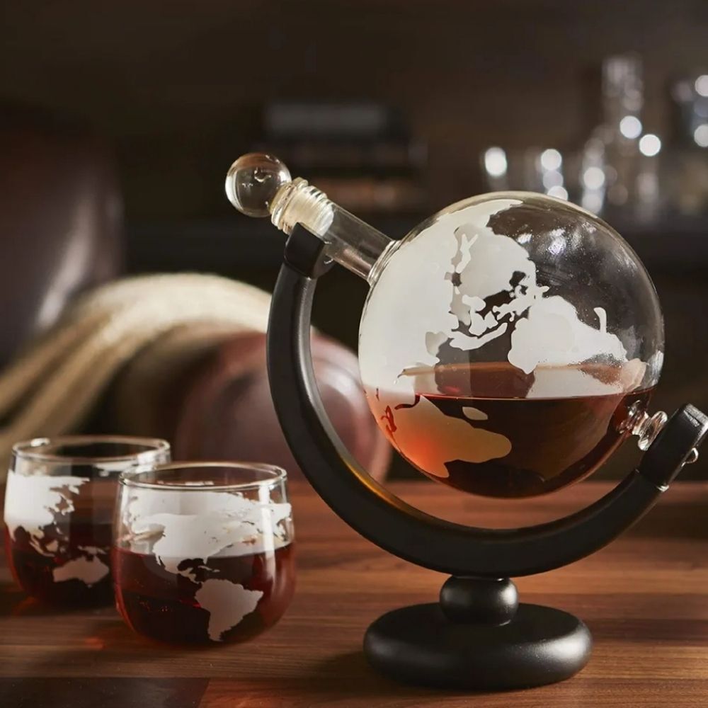 Hammer + Axe Globe Shaped Whiskey Decanter Set